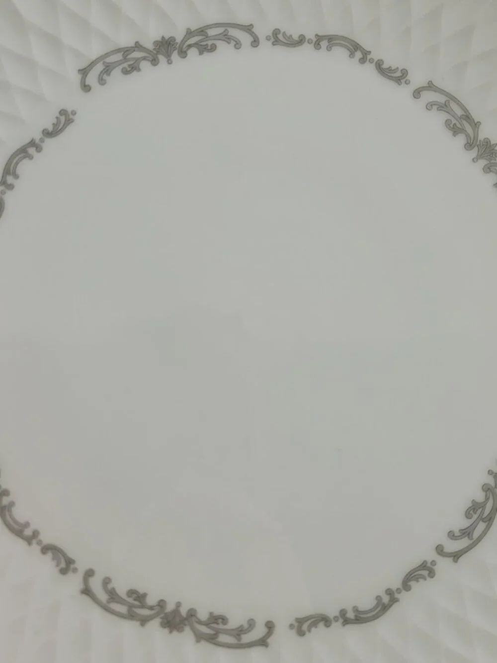 TWO Noritake 6350 Camden Dinner Plates White with Gray Scrolls 10 5/8 Inch Plate